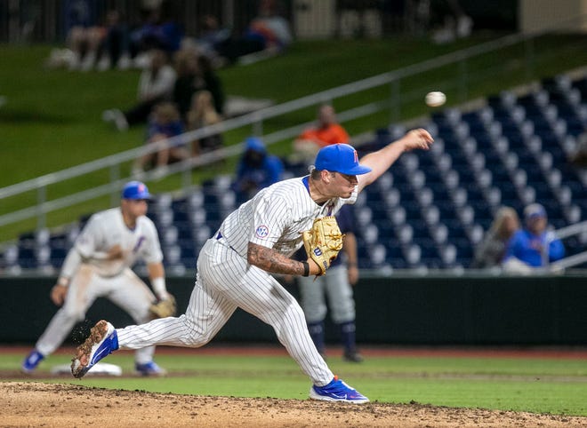 Florida's Philip Abner (55)] pitches in relief against UNF, Tuesday, April 25, 2023, at Condron Family Baseball Park in Gainesville, Florida. UF won 6-2. [Cyndi Chambers/ Gainesville Sun] 2023