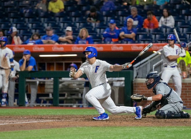 Florida's utility Wyatt Langford (36) with a single in the bottom of the eighth against UNF, Tuesday, April 25, 2023, at Condron Family Baseball Park in Gainesville, Florida. UF won 6-2. [Cyndi Chambers/ Gainesville Sun] 2023