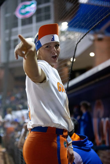 Florida Gators infielder Reagan Walsh (15) wears her rally hat in the seventh inning. The Florida women’s softball team hosted FSU at Katie Seashole Pressly Stadium in Gainesville, FL on Wednesday, May 3, 2023. The Seminoles defeated the Gators 8-7.  [Doug Engle/Gainesville Sun]