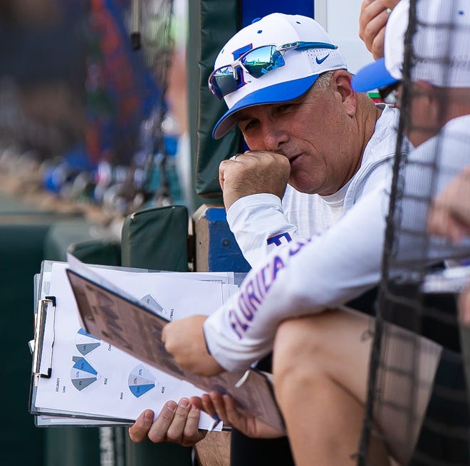 Florida Head Coach Tim Walton tries to get his plan together early in the game. The Florida women’s softball team hosted FSU at Katie Seashole Pressly Stadium in Gainesville, FL on Wednesday, May 3, 2023. The Seminoles defeated the Gators 8-7.  [Doug Engle/Gainesville Sun]