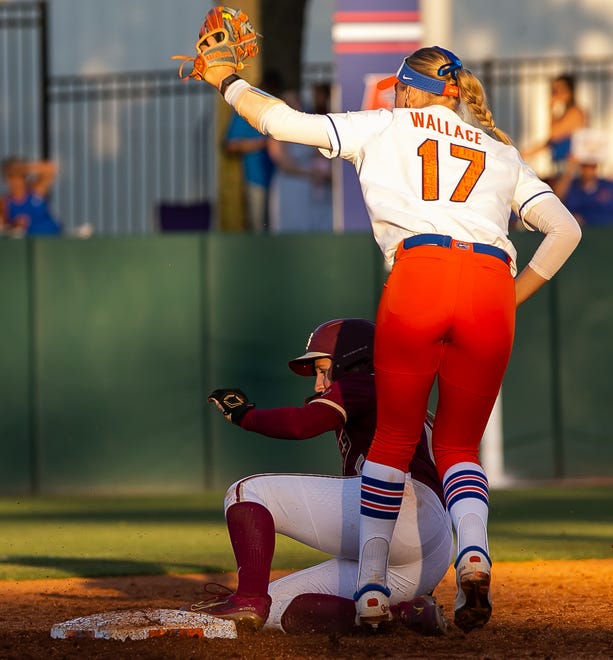 Florida Gators infielder Skylar Wallace (17) tags Florida St. Seminoles outfielder Kaley Mudge (6) out at second in the top of the fourth on attempted steal. The Florida women’s softball team hosted FSU at Katie Seashole Pressly Stadium in Gainesville, FL on Wednesday, May 3, 2023. The Seminoles defeated the Gators 8-7.  [Doug Engle/Gainesville Sun]
