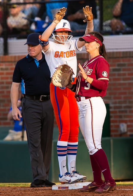 Florida Gators outfielder Kendra Falby (27) celebrates her base hit in the bottom of the third. The Florida women’s softball team hosted FSU at Katie Seashole Pressly Stadium in Gainesville, FL on Wednesday, May 3, 2023. The Seminoles defeated the Gators 8-7.  [Doug Engle/Gainesville Sun]The Florida women’s softball team hosted FSU at Katie Seashole Pressly Stadium in Gainesville, FL on Wednesday, May 3, 2023. The Seminoles defeated the Gators 8-7.  [Doug Engle/Gainesville Sun]
