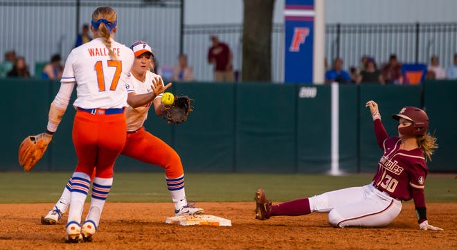 Florida Gators infielder Skylar Wallace (17) flips the ball to Florida Gators infielder Reagan Walsh (15) forcing out Florida St. Seminoles infielder Avery Weisbrook (30). The Florida women’s softball team hosted FSU at Katie Seashole Pressly Stadium in Gainesville, FL on Wednesday, May 3, 2023. The Seminoles defeated the Gators 8-7.  [Doug Engle/Gainesville Sun]