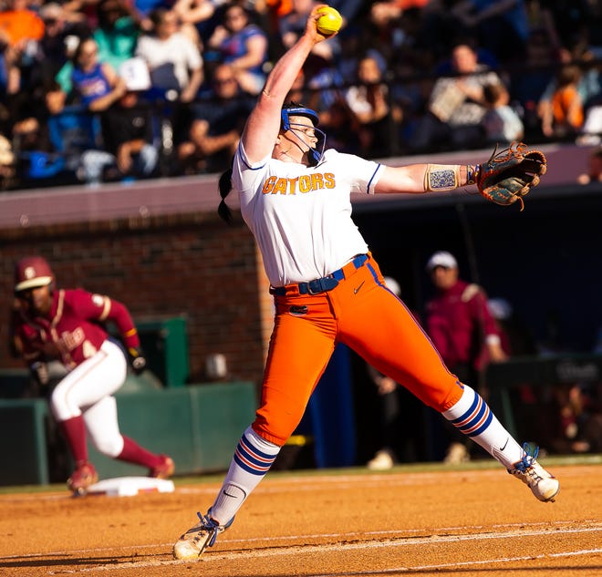 Florida Gators starting pitche Lexie Delbrey (16) in the first inning. The Florida women’s softball team hosted FSU at Katie Seashole Pressly Stadium in Gainesville, FL on Wednesday, May 3, 2023. The Seminoles defeated the Gators 8-7.  [Doug Engle/Gainesville Sun]