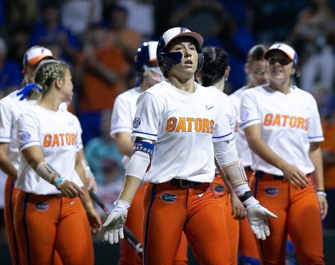 Skylar Wallace (17) tries to get the crowd excited after hitting her second home run of the night. The Florida women’s softball team hosted FSU at Katie Seashole Pressly Stadium in Gainesville, FL on Wednesday, May 3, 2023. The Seminoles defeated the Gators 8-7.  [Doug Engle/Gainesville Sun]