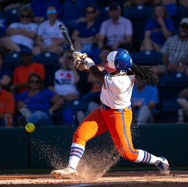 Florida Gators third baseman Charla Echols (4) couldn’t connect with the ball in the first. The Florida women’s softball team hosted FSU at Katie Seashole Pressly Stadium in Gainesville, FL on Wednesday, May 3, 2023. The Seminoles defeated the Gators 8-7.  [Doug Engle/Gainesville Sun]