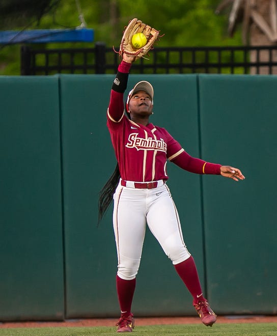 Florida St. Seminoles outfielder Jahni Kerr (4) catches a fly ball for an out in the bottom of the fourth. The Florida women’s softball team hosted FSU at Katie Seashole Pressly Stadium in Gainesville, FL on Wednesday, May 3, 2023. The Seminoles defeated the Gators 8-7.  [Doug Engle/Gainesville Sun]