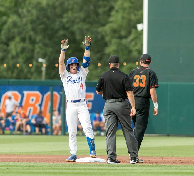 Florida's infielder Cade Kurland (4) with a double in the bottom of the first inning against FAMU in the NCAA Regionals, Friday, June 2, 2023, at Condron Family Ballpark in Gainesville, Florida. The Gators shut out the Rattlers 3-0, and face Texas Tech Saturday. [Cyndi Chambers/ Gainesville Sun] 2023
