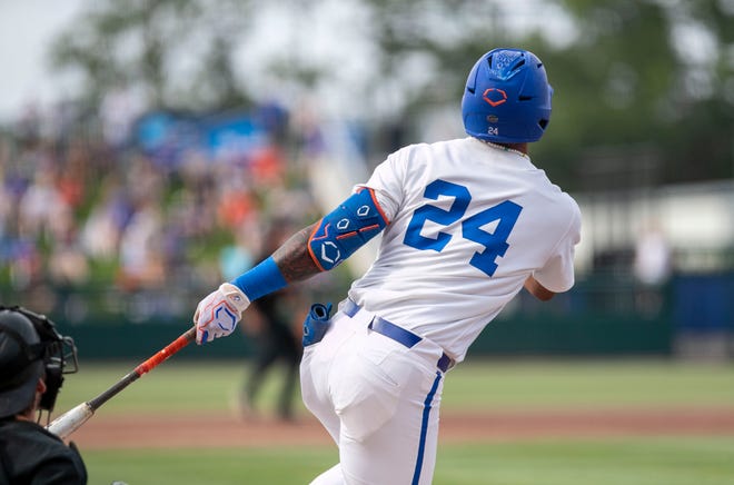 Florida's infielder Josh Rivera (24) with a two run homer in the bottom of the first inning against FAMU in the NCAA Regionals, Friday, June 2, 2023, at Condron Family Ballpark in Gainesville, Florida. The Gators shut out the Rattlers 3-0, and face Texas Tech Saturday. [Cyndi Chambers/ Gainesville Sun] 2023