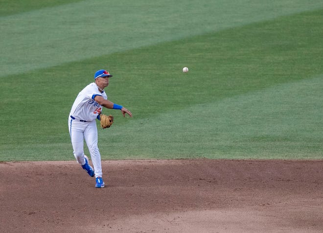 Florida's infielder Josh Rivera (24) with the throw to first for the out in the top of the sixth inning against FAMU in the NCAA Regionals, Friday, June 2, 2023, at Condron Family Ballpark in Gainesville, Florida. The Gators shut out the Rattlers 3-0, and face Texas Tech Saturday. [Cyndi Chambers/ Gainesville Sun] 2023