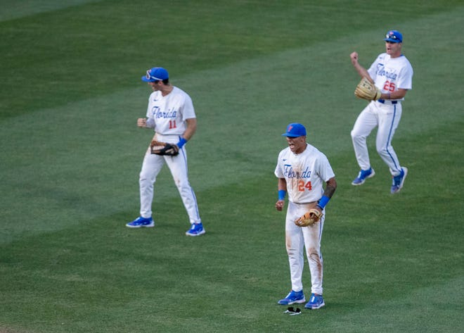 Florida's infielder Josh Rivera (24, center) reacts to his throw to home that gave the Gators their third out in the top of the ninth inning to close out the game against FAMU in  NCAA Regionals, Friday, June 2, 2023, at Condron Family Ballpark in Gainesville, Florida. The Gators shut out the Rattlers 3-0, and face Texas Tech Saturday. [Cyndi Chambers/ Gainesville Sun] 2023