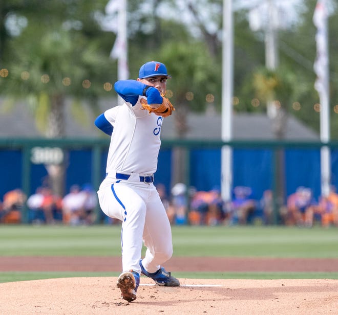 Florida's Jac Caglianone (14) was the starting pitcher for Florida as they faced off against Florida A&M in the NCAA Regionals, Friday, June 2, 2023, at Condron Family Ballpark in Gainesville, Florida. The Gators shut out the Rattlers 3-0, and face Texas Tech Saturday. [Cyndi Chambers/ Gainesville Sun] 2023