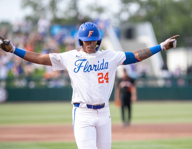 Florida's infielder Josh Rivera (24) celebrates his two run homer in the bottom of the first inning against FAMU in the NCAA Regionals, Friday, June 2, 2023, at Condron Family Ballpark in Gainesville, Florida. The Gators shut out the Rattlers 3-0, and face Texas Tech Saturday. [Cyndi Chambers/ Gainesville Sun] 2023
