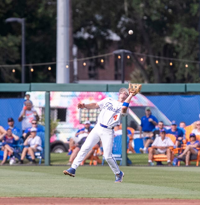 Florida's infielder Cade Kurland (4) with the catch for the first out in the top of the second inning against FAMU in the NCAA Regionals, Friday, June 2, 2023, at Condron Family Ballpark in Gainesville, Florida. The Gators shut out the Rattlers 3-0, and face Texas Tech Saturday. [Cyndi Chambers/ Gainesville Sun] 2023