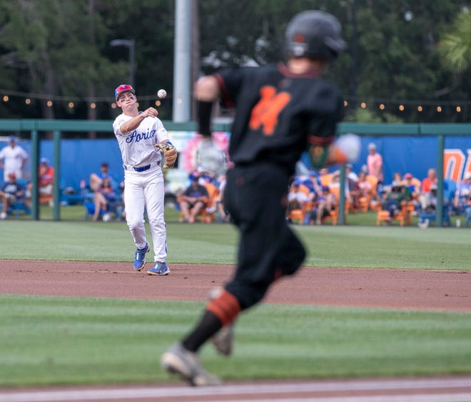 Florida's infielder Cade Kurland (4) with the throw to first for theft in the top of the first inning against FAMU in the NCAA Regionals, Friday, June 2, 2023, at Condron Family Ballpark in Gainesville, Florida. The Gators shut out the Rattlers 3-0, and face Texas Tech Saturday. [Cyndi Chambers/ Gainesville Sun] 2023