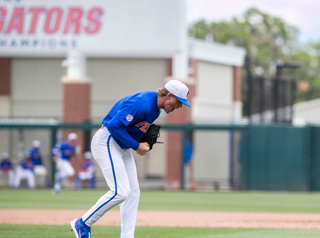 Gators pitcher Hurston Waldrep (12) reacts to striking out the Huskies in the top of the fifth inning in NCAA Regionals, Sunday, June 4, 2023, at Condron Family Ballpark in Gainesville, Florida. Florida beat U Conn 8-2. [Cyndi Chambers/ Gainesville Sun] 2023