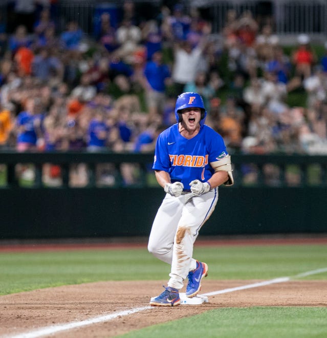 Florida infielder Dale Thomas (1) with a pinch hit triple against Texas Tech in Round 2 of NCAA Regionals, Saturday, June 3, 2023, at Condron Family Ballpark in Gainesville, Florida. The Gators fell to the Red Raiders 5-4. They will face U Conn Sunday. [Cyndi Chambers/ Gainesville Sun] 2023