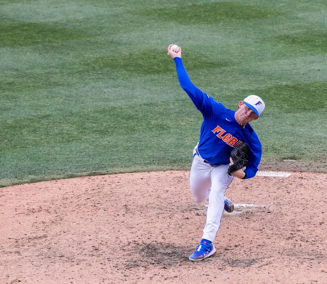 Gators pitcher Hurston Waldrep (12) is back out on the mound in the top of the sixth against U Conn in NCAA Regionals, Sunday, June 4, 2023, at Condron Family Ballpark in Gainesville, Florida. Florida beat U Conn 8-2. [Cyndi Chambers/ Gainesville Sun] 2023