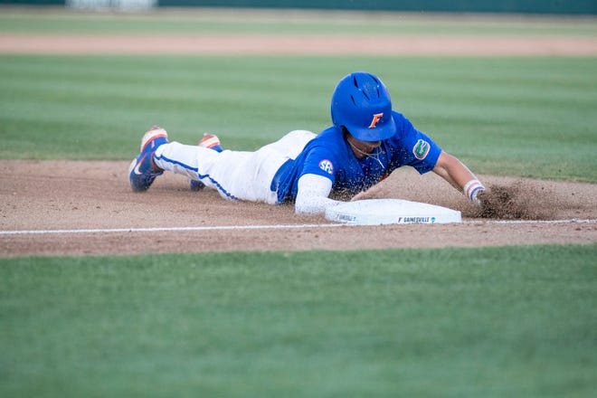 Florida infielder Tyler Shelnut (6) slides into third against Texas Tech in Round 2 of NCAA Regionals, Saturday, June 3, 2023, at Condron Family Ballpark in Gainesville, Florida. The Gators fell to the Red Raiders 5-4. They will face U Conn Sunday. [Cyndi Chambers/ Gainesville Sun] 2023