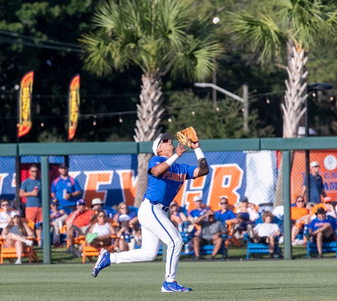 Florida infielder Josh Rivera (24) with the catch against Texas Tech in Round 2 of NCAA Regionals, Saturday, June 3, 2023, at Condron Family Ballpark in Gainesville, Florida. The Gators fell to the Red Raiders 5-4. They will face U Conn Sunday. [Cyndi Chambers/ Gainesville Sun] 2023