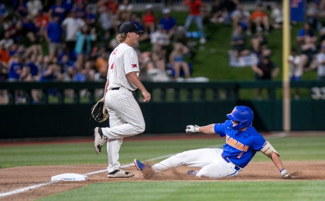 Florida infielder Dale Thomas (1) with a pinch hit triple against Texas Tech in Round 2 of NCAA Regionals, Saturday, June 3, 2023, at Condron Family Ballpark in Gainesville, Florida. The Gators fell to the Red Raiders 5-4. They will face U Conn Sunday. [Cyndi Chambers/ Gainesville Sun] 2023