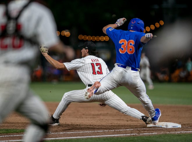 Florida utility Wyatt Langford (36) is safe at first against Texas Tech in Round 2 of NCAA Regionals, Saturday, June 3, 2023, at Condron Family Ballpark in Gainesville, Florida. The Gators fell to the Red Raiders 5-4. They will face U Conn Sunday. [Cyndi Chambers/ Gainesville Sun] 2023