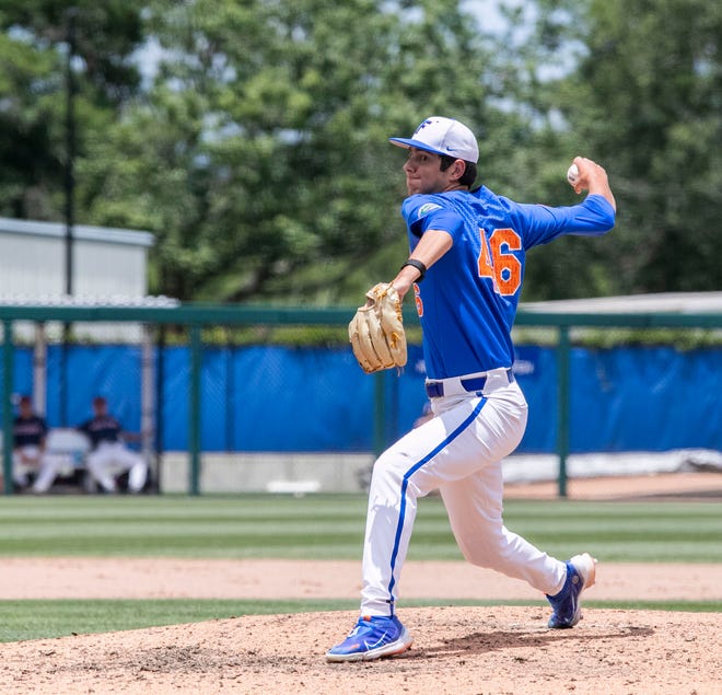 Gators Nick Ficarrotta (46) comes into the game to pitch in the top of the eighth against U Conn in NCAA Regionals, Sunday, June 4, 2023, at Condron Family Ballpark in Gainesville, Florida. Florida beat U Conn 8-2. [Cyndi Chambers/ Gainesville Sun] 2023