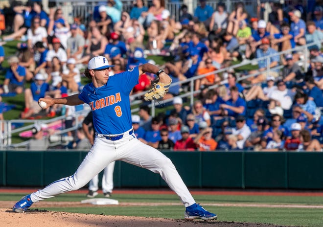Florida pitcher Brandon Sproat (8) pitches against Texas Tech in Round 2 of NCAA Regionals, Saturday, June 3, 2023, at Condron Family Ballpark in Gainesville, Florida. The Gators fell to the Red Raiders 5-4. They will face U Conn Sunday. [Cyndi Chambers/ Gainesville Sun] 2023