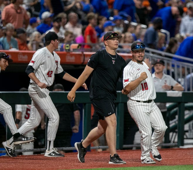 Texas Tech dugout reacts to Kevin Bazzell's (4) catch for the last out against Florida in Round 2 of NCAA Regionals, Saturday, June 3, 2023, at Condron Family Ballpark in Gainesville, Florida. The Gators fell to the Red Raiders 5-4. They will face U Conn Sunday. [Cyndi Chambers/ Gainesville Sun] 2023
