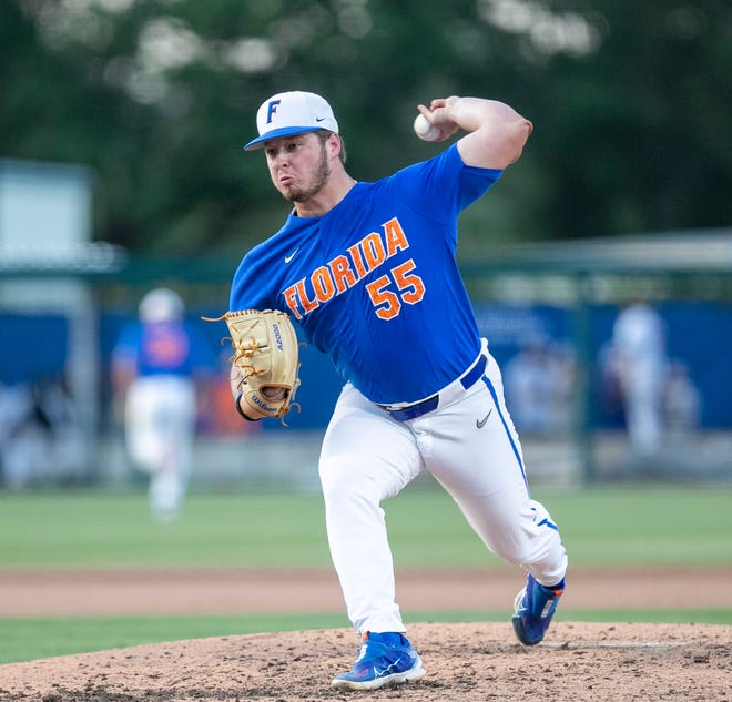 Florida pitcher Philip Abner (55) pitches in relief against Texas Tech in Round 2 of NCAA Regionals, Saturday, June 3, 2023, at Condron Family Ballpark in Gainesville, Florida. The Gators fell to the Red Raiders 5-4. They will face U Conn Sunday. [Cyndi Chambers/ Gainesville Sun] 2023