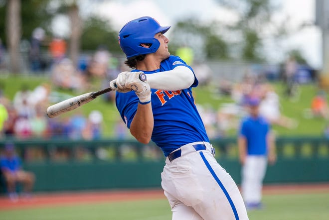 Gators utility Jac Caglianone (14) with his second home run of the game in the bottom of the eighth against U Conn in NCAA Regionals, Sunday, June 4, 2023, at Condron Family Ballpark in Gainesville, Florida. Florida beat U Conn 8-2. [Cyndi Chambers/ Gainesville Sun] 2023
