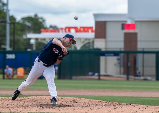 Huskies Will Nowak (47) pitches in relief in the bottom of the fourth inning against Florida in NCAA Regionals, Sunday, June 4, 2023, at Condron Family Ballpark in Gainesville, Florida. Florida beat U Conn 8-2. [Cyndi Chambers/ Gainesville Sun] 2023