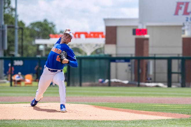 Gators pitcher Hurston Waldrep (12) was the starter for Florida as they faced off against U Conn in NCAA Regionals, Sunday, June 4, 2023, at Condron Family Ballpark in Gainesville, Florida. Florida beat U Conn 8-2. [Cyndi Chambers/ Gainesville Sun] 2023