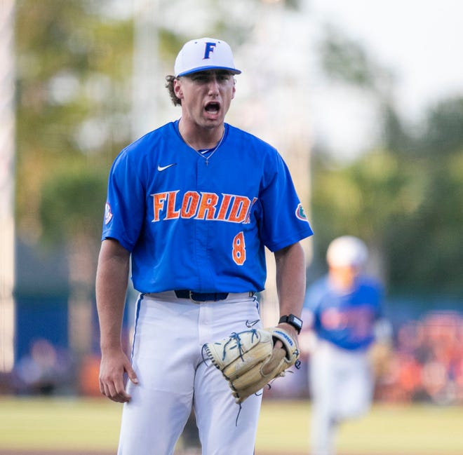 Florida pitcher Brandon Sproat (8) reacts to pitching a perfect sixth inning against Texas Tech in Round 2 of NCAA Regionals, Saturday, June 3, 2023, at Condron Family Ballpark in Gainesville, Florida. The Gators fell to the Red Raiders 5-4. They will face U Conn Sunday. [Cyndi Chambers/ Gainesville Sun] 2023