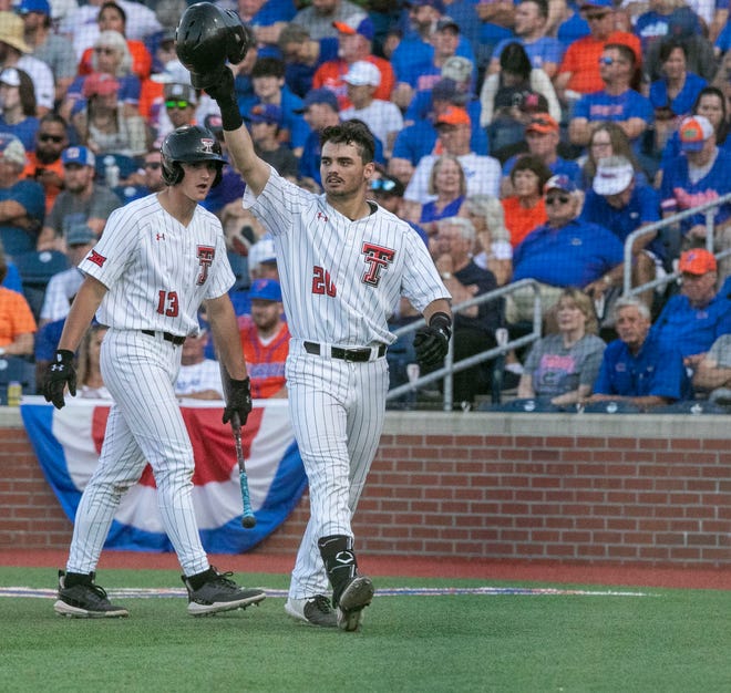 Texas Tech infielder Austin Green (20) with a home run against Florida in Round 2 of NCAA Regionals, Saturday, June 3, 2023, at Condron Family Ballpark in Gainesville, Florida. The Gators fell to the Red Raiders 5-4. They will face U Conn Sunday. [Cyndi Chambers/ Gainesville Sun] 2023