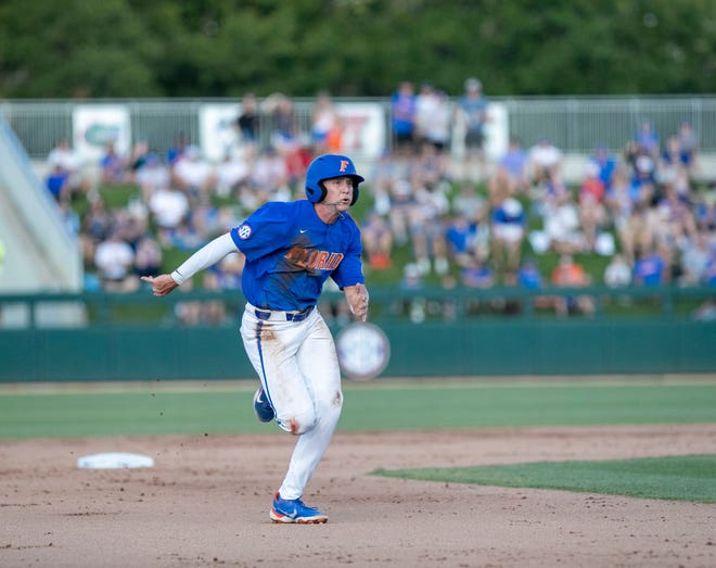 Florida infielder Tyler Shelnut (6) headed for third against Texas Tech in Round 2 of NCAA Regionals, Saturday, June 3, 2023, at Condron Family Ballpark in Gainesville, Florida. The Gators fell to the Red Raiders 5-4. They will face U Conn Sunday. [Cyndi Chambers/ Gainesville Sun] 2023