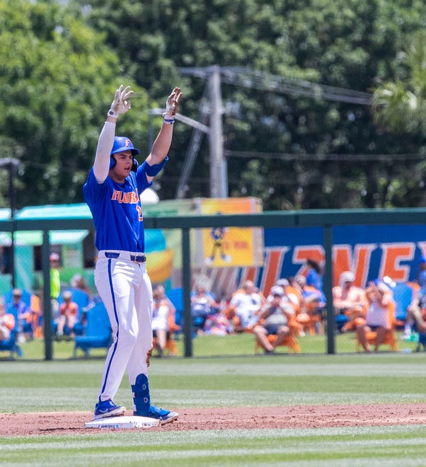 Gators catcher Luke Heyman (28) with a double in the bottom of the second inning against U Conn in NCAA Regionals, Sunday, June 4, 2023, at Condron Family Ballpark in Gainesville, Florida. Florida beat U Conn 8-2. [Cyndi Chambers/ Gainesville Sun] 2023