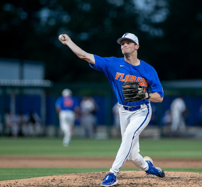 Florida pitcher Ryan Slater (13) pitches in relief against Texas Tech in Round 2 of NCAA Regionals, Saturday, June 3, 2023, at Condron Family Ballpark in Gainesville, Florida. The Gators fell to the Red Raiders 5-4. They will face U Conn Sunday. [Cyndi Chambers/ Gainesville Sun] 2023