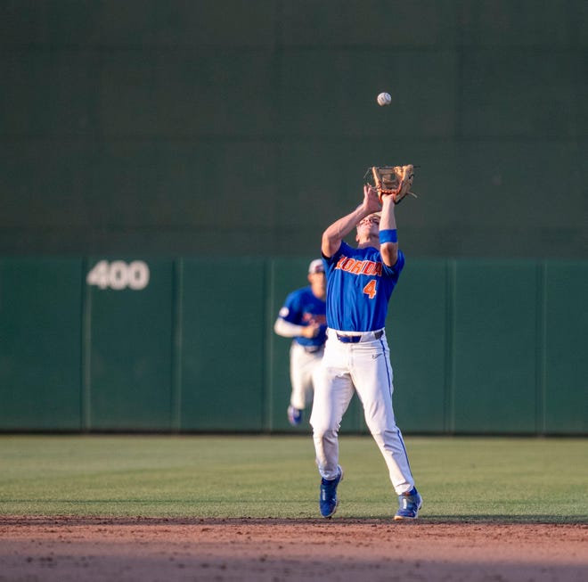 Florida infielder Cade Kurland (4) with the catch for the out against Texas Tech in Round 2 of NCAA Regionals, Saturday, June 3, 2023, at Condron Family Ballpark in Gainesville, Florida. The Gators fell to the Red Raiders 5-4. They will face U Conn Sunday. [Cyndi Chambers/ Gainesville Sun] 2023