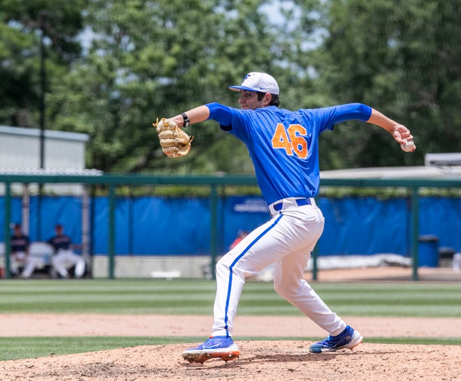 Gators Nick Ficarrotta (46) comes into the game to pitch in the top of the eighth against U Conn in NCAA Regionals, Sunday, June 4, 2023, at Condron Family Ballpark in Gainesville, Florida. Florida beat U Conn 8-2. [Cyndi Chambers/ Gainesville Sun] 2023