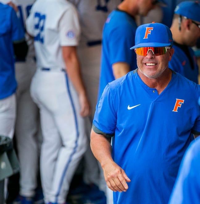 Florida head coach Kevin O'Sullivan celebrates the win of the NCAA Regionals  game against Texas Tech, Monday, June 5, 2023, at Condron Family Ballpark in Gainesville, Florida. Florida beat Texas Tech 6-0 and advances to Super Regionals. [Cyndi Chambers/ Gainesville Sun] 2023