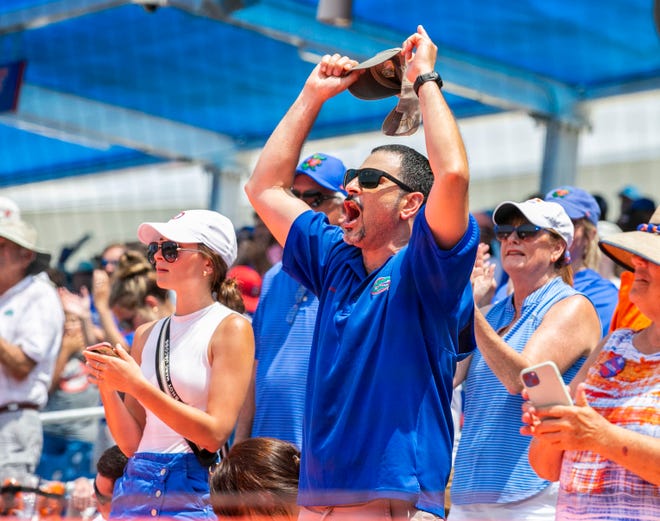 Fans cheer on the Gators as they faced off against the Red Raiders in a win-all elimination game of the NCAA Regionals, Monday, June 5, 2023, at Condron Family Ballpark in Gainesville, Florida. Florida beat Texas Tech 6-0 and advances to Super Regionals. [Cyndi Chambers/ Gainesville Sun] 2023