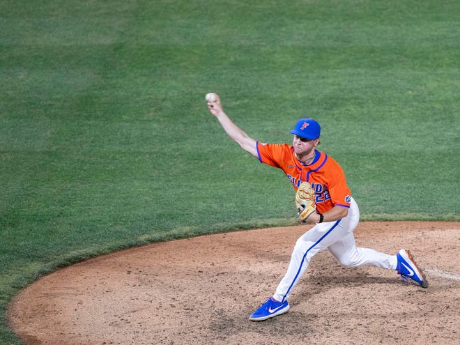 Gators pitcher Brandon Neely (22) closes out the game in the bottom of the ninth against Texas Tech in NCAA Regionals, Sunday, June 4, 2023, at Condron Family Ballpark in Gainesville, Florida. Florida beat Texas Tech 7-1 and advance to the Regional final game. [Cyndi Chambers/ Gainesville Sun] 2023