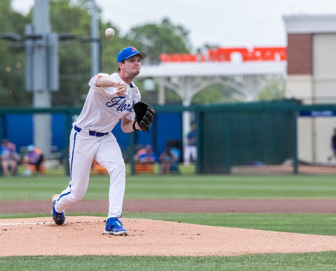 Gators pitcher Ryan Slater (13) was the starter for Florida against the Red Raiders in a win-all elimination game of the NCAA Regionals, Monday, June 5, 2023, at Condron Family Ballpark in Gainesville, Florida. Florida beat Texas Tech 6-0 and advances to Super Regionals. [Cyndi Chambers/ Gainesville Sun] 2023