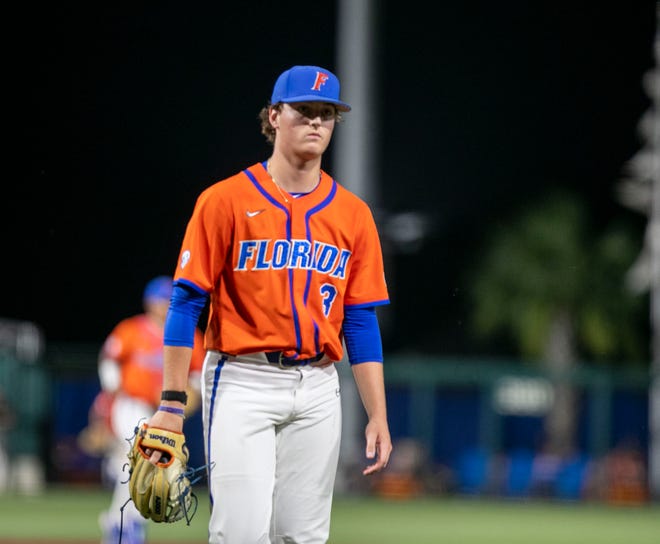 Gators pitcher Cade Fisher (3) comes off themnopund after pitching six hitless innings against Texas Tech in NCAA Regionals, Sunday, June 4, 2023, at Condron Family Ballpark in Gainesville, Florida.  Florida beat Texas Tech 7-1 and advance to the Regional final game. [Cyndi Chambers/ Gainesville Sun] 2023