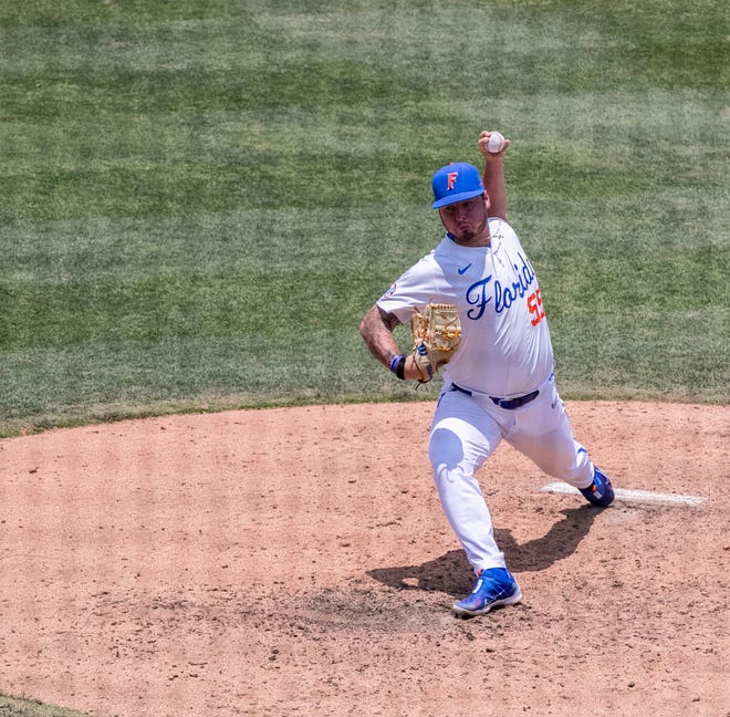 Gators Philip Abner (55)\ comes into the game to pitch in relief in a win-all elimination game of the NCAA Regionals, Monday, June 5, 2023, at Condron Family Ballpark in Gainesville, Florida. Florida beat Texas Tech 6-0 and advances to Super Regionals. [Cyndi Chambers/ Gainesville Sun] 2023