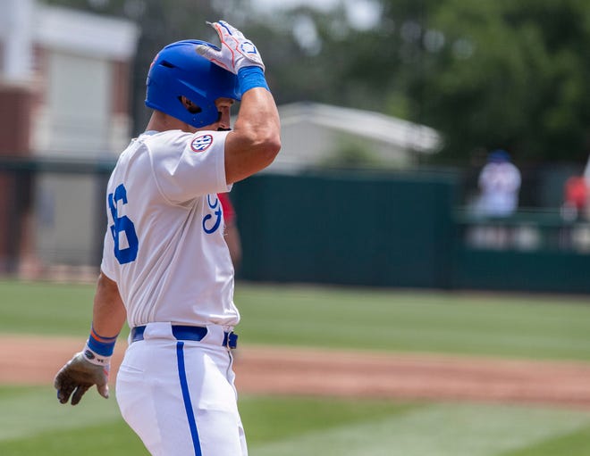 Gators utility Wyatt Langford (36) with a home run during the bottom of the third inning during the NCAA Regionals final, Monday, June 5, 2023, at Condron Family Ballpark in Gainesville, Florida. Florida beat Texas Tech 6-0 and advances to Super Regionals. [Cyndi Chambers/ Gainesville Sun] 2023
