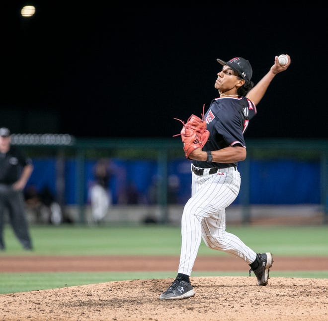 Red Raiders utility Damian Bravo (31) comes into the game in the top of the ninth against the Gators in NCAA Regionals, Sunday, June 4, 2023, at Condron Family Ballpark in Gainesville, Florida.  Florida beat Texas Tech 7-1 and advance to the Regional final game. [Cyndi Chambers/ Gainesville Sun] 2023