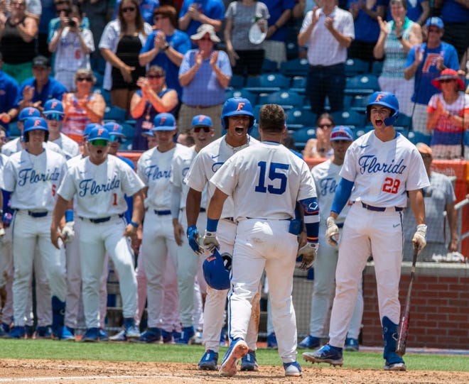 Gators catcher BT Riopelle (15) with his second home run of the game in the bottom of the fifth inning in a win-all elimination game of the NCAA Regionals, Monday, June 5, 2023, at Condron Family Ballpark in Gainesville, Florida. Florida beat Texas Tech 6-0 and advances to Super Regionals. [Cyndi Chambers/ Gainesville Sun] 2023