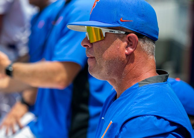 Florida head coach Kevin OÕSullivan watches from the dugout during the NCAA Regionals win-all elimination game against Texas Tech, Monday, June 5, 2023, at Condron Family Ballpark in Gainesville, Florida. Florida beat Texas Tech 6-0 and advances to Super Regionals. [Cyndi Chambers/ Gainesville Sun] 2023